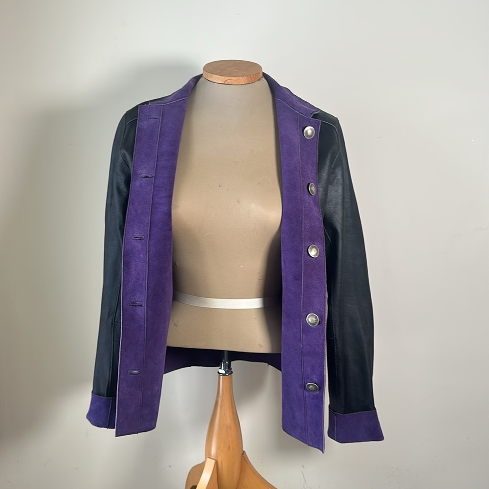 Reversible Purple and Black Leather Jacket, Pewter Buttons, Size Small